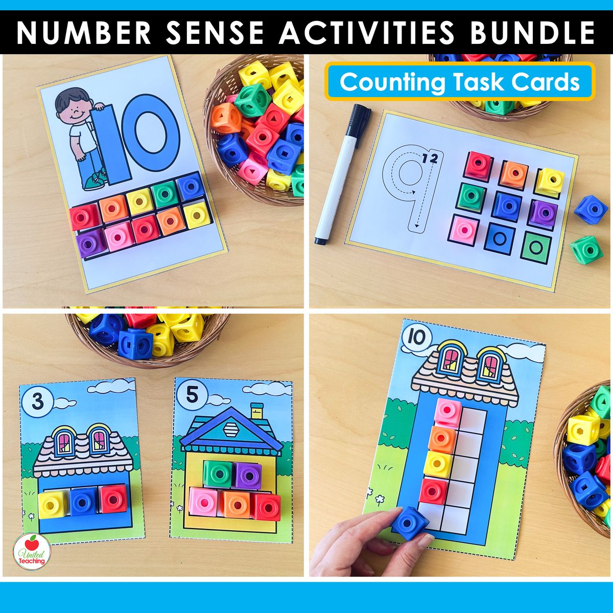 Counting task cards with math cubes showing number character cards, number formation grid mats, and house-shaped counting mats for kindergarten number sense practice