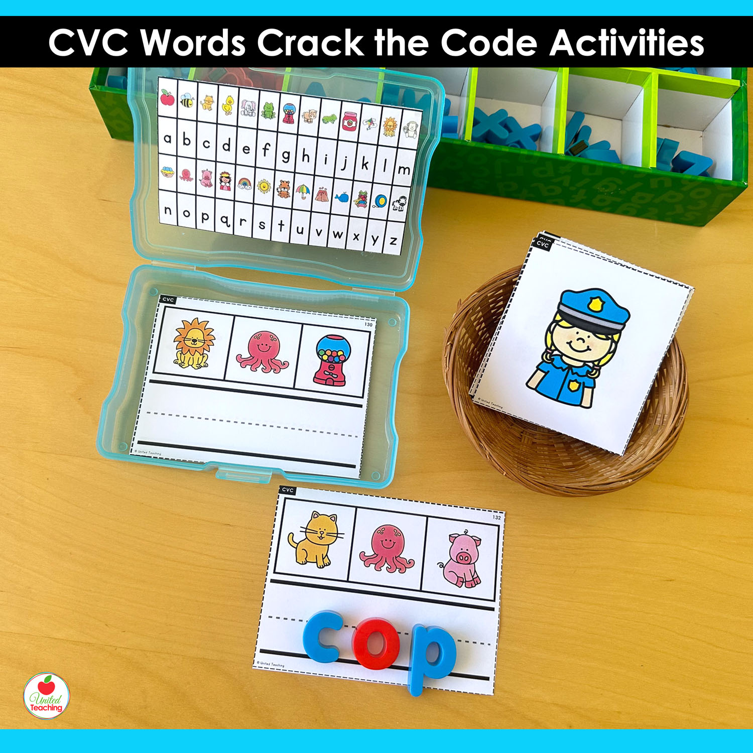 CVC Crack the Code task card activity with magnetic letters and picture code card showing the word cop