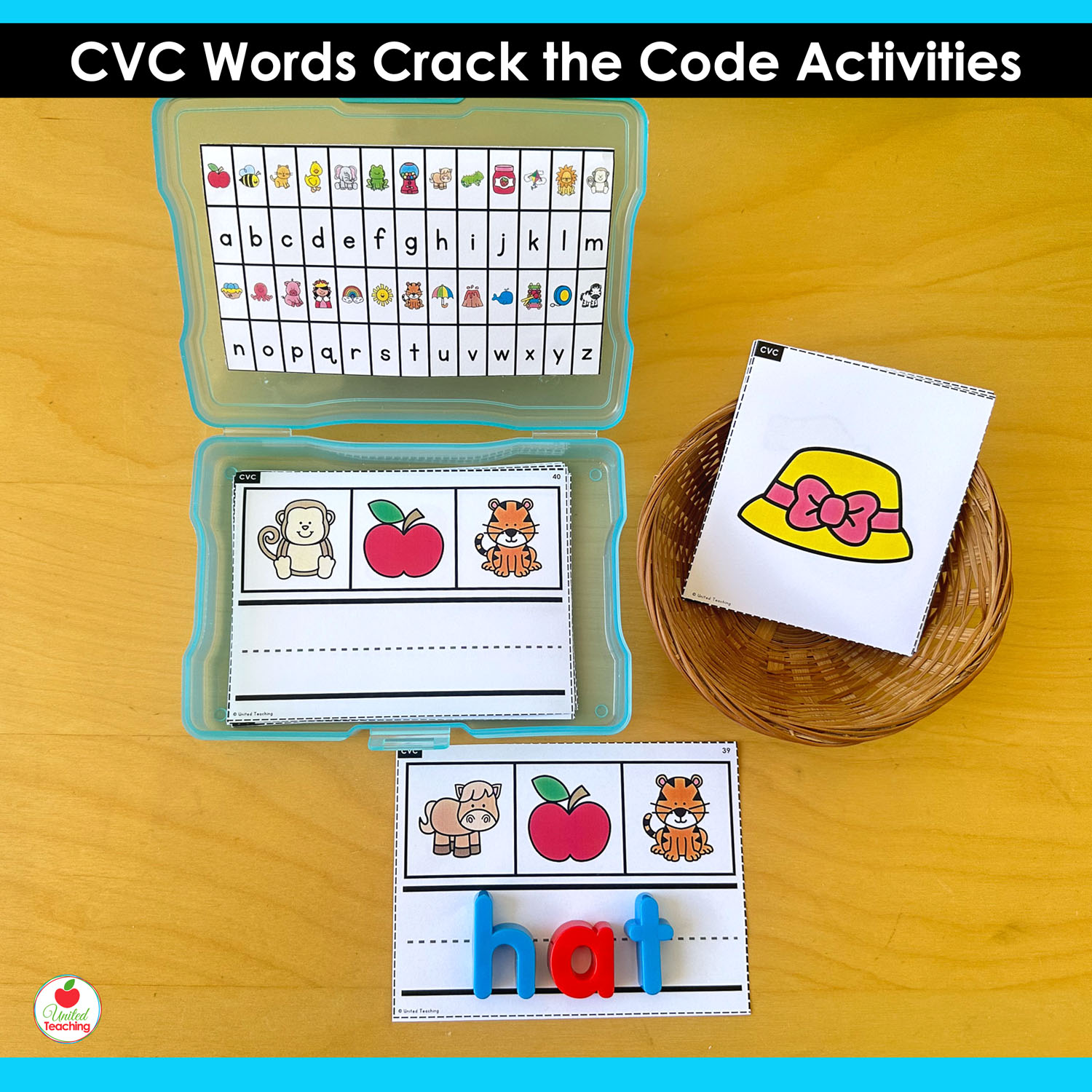 CVC Words Crack the Code task card with picture code card and magnetic letters spelling hat