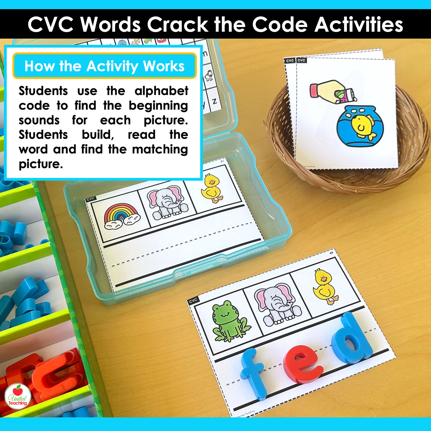 How CVC Crack the Code task cards work - students use an alphabet code to find beginning sounds and build CVC words
