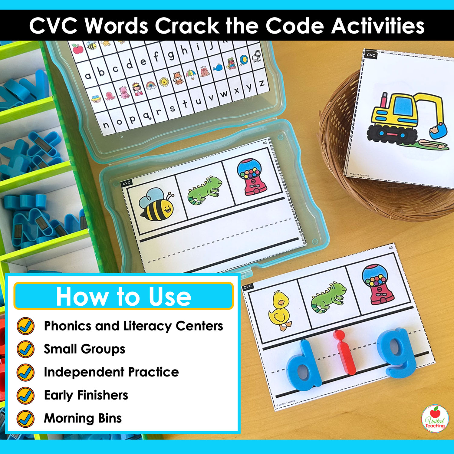 CVC Crack the Code task cards used in phonics centers, small groups, independent practice, and morning bins