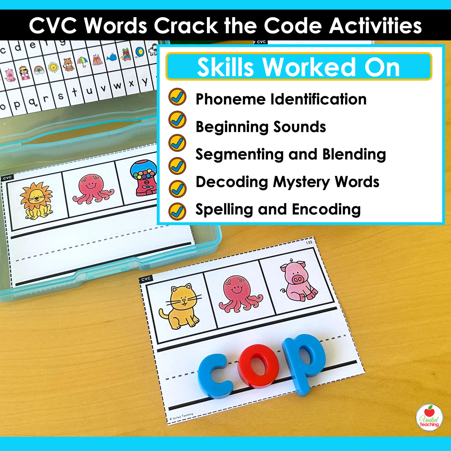 CVC Words Crack the Code task cards target phoneme identification, beginning sounds, segmenting, blending, and spelling