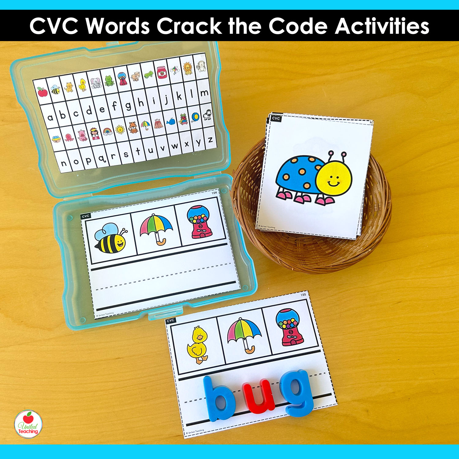 CVC Words secret word task box with alphabet code reference and magnetic letters spelling bug