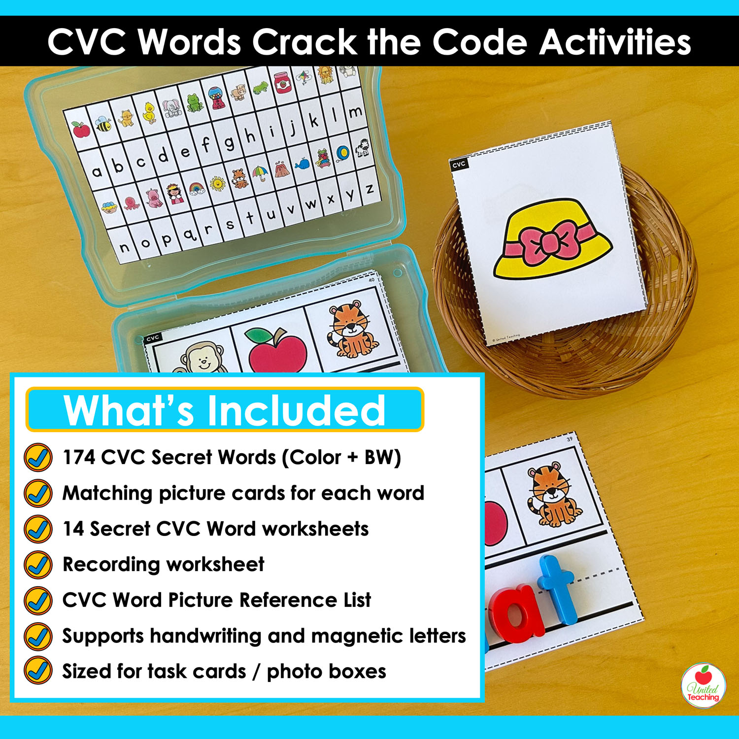 Whats included in CVC Words Crack the Code Task Cards - 174 secret words, picture cards, worksheets, and recording sheets