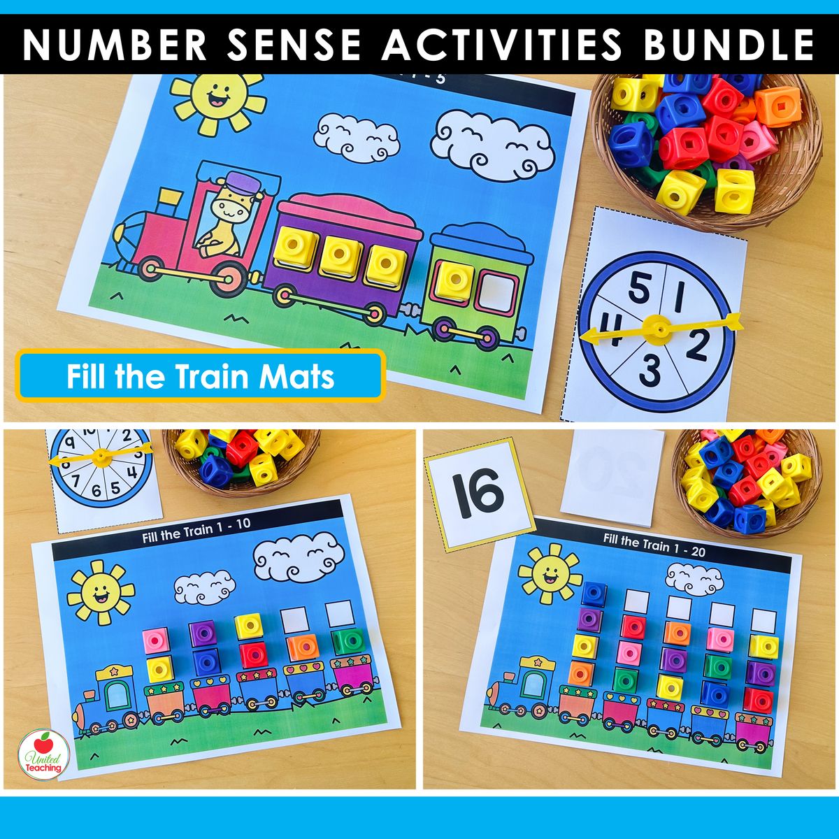 Fill the Train counting mats for numbers 1-20 showing three train mats with math cubes filling the carriages for numbers 1-5, 1-10, and 1-20
