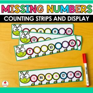 Free caterpillar missing number strips and caterpillar number line display for kindergarten - 12 missing number strips within 1-20.