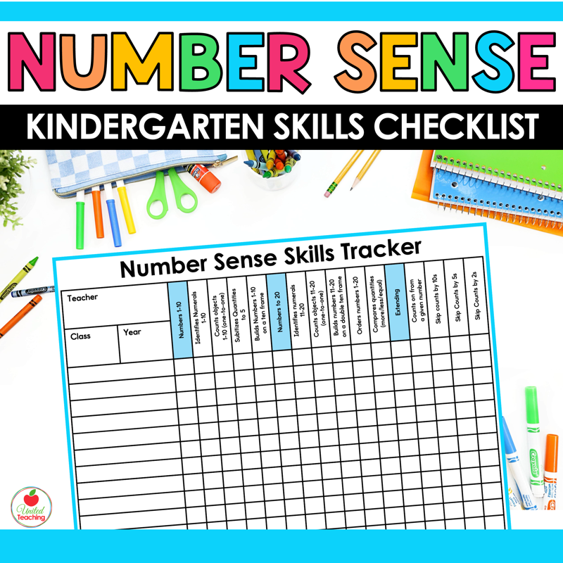 Free number sense skills checklist for kindergarten - class tracking sheet for 13 key skills