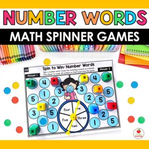 Free number words math spinner game for kindergarten