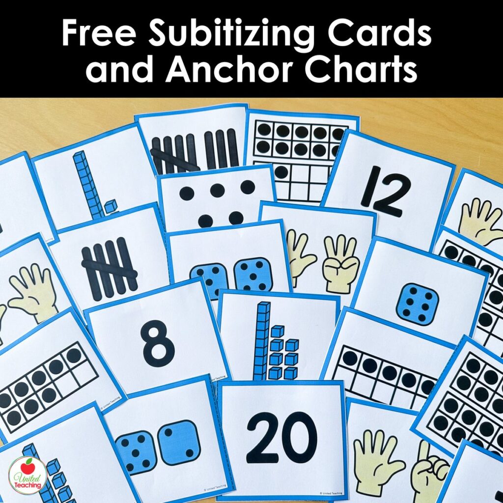 Free subitizing cards and anchor charts for kindergarten showing printable dot flash cards covering numbers 1 to 20 including ten frames, tally marks, fingers, and dice representations