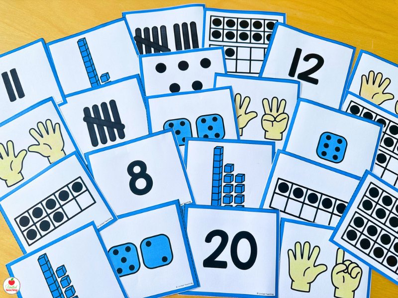 Free printable subitizing flash cards for kindergarten showing numbers with dot patterns, ten frames, tally marks, and finger representations