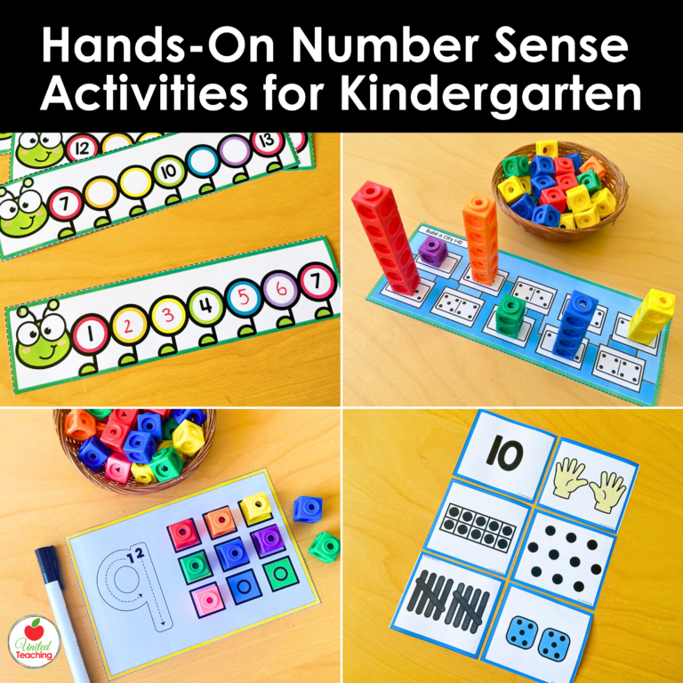 Collage of hands-on number sense activities for kindergarten including a number caterpillar line, math cube towers activity mat, number formation mat, and number representation clip cards