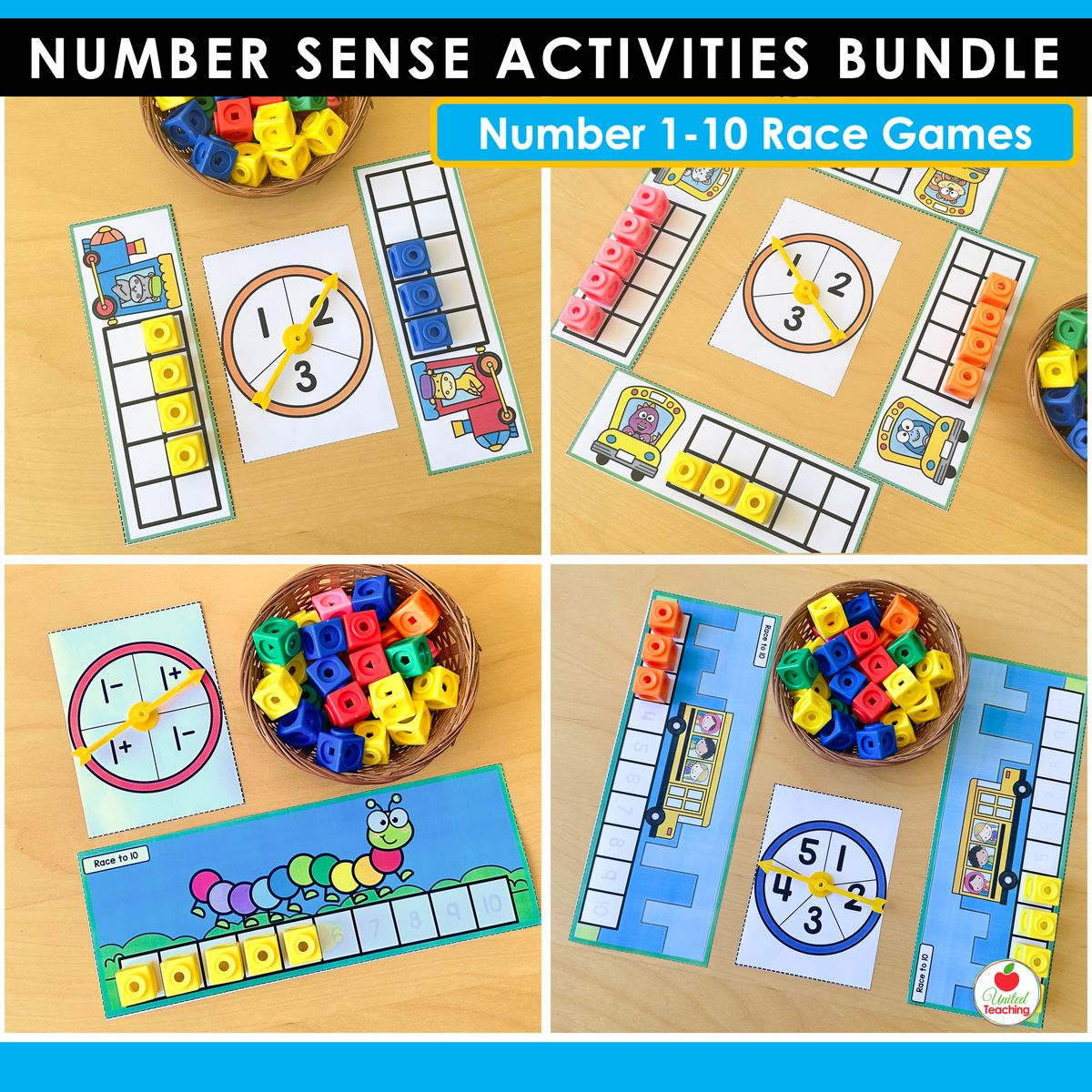 Number 1-10 race games for kindergarten showing bus and caterpillar-themed player mats with spinners and math cubes