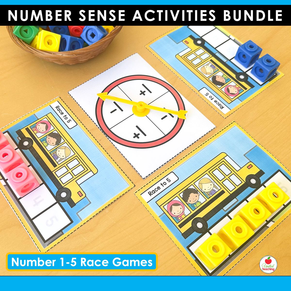Number 1-5 race games with bus-themed player mats and a plus and minus spinner for kindergarten partner math centers