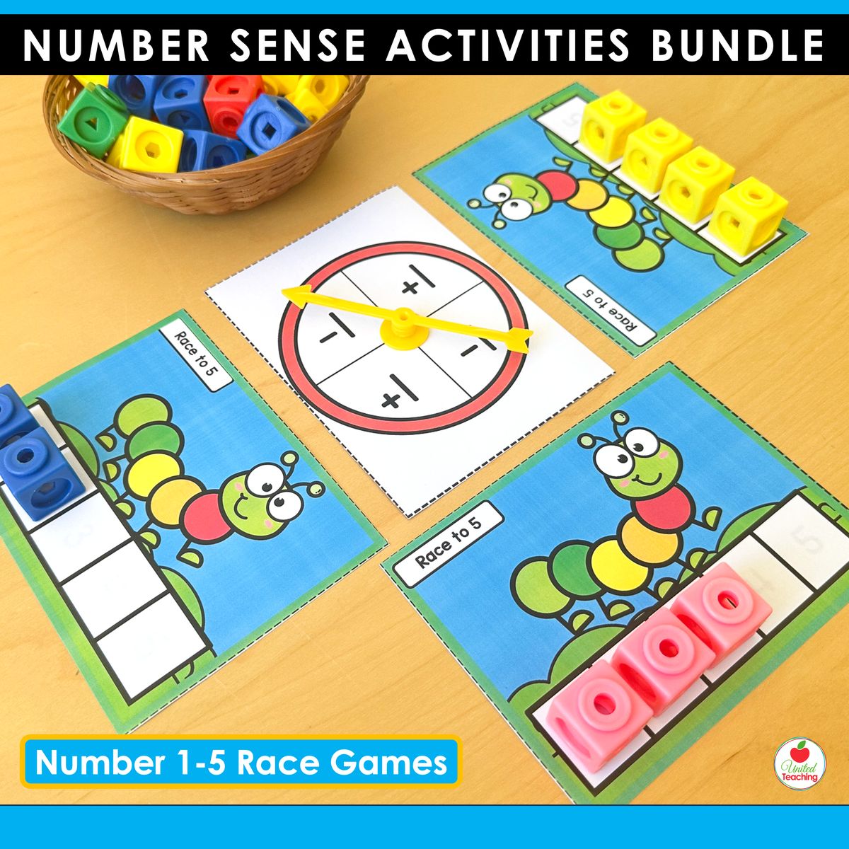 Number 1-5 race games with caterpillar-themed player mats and a plus and minus spinner for kindergarten partner math games