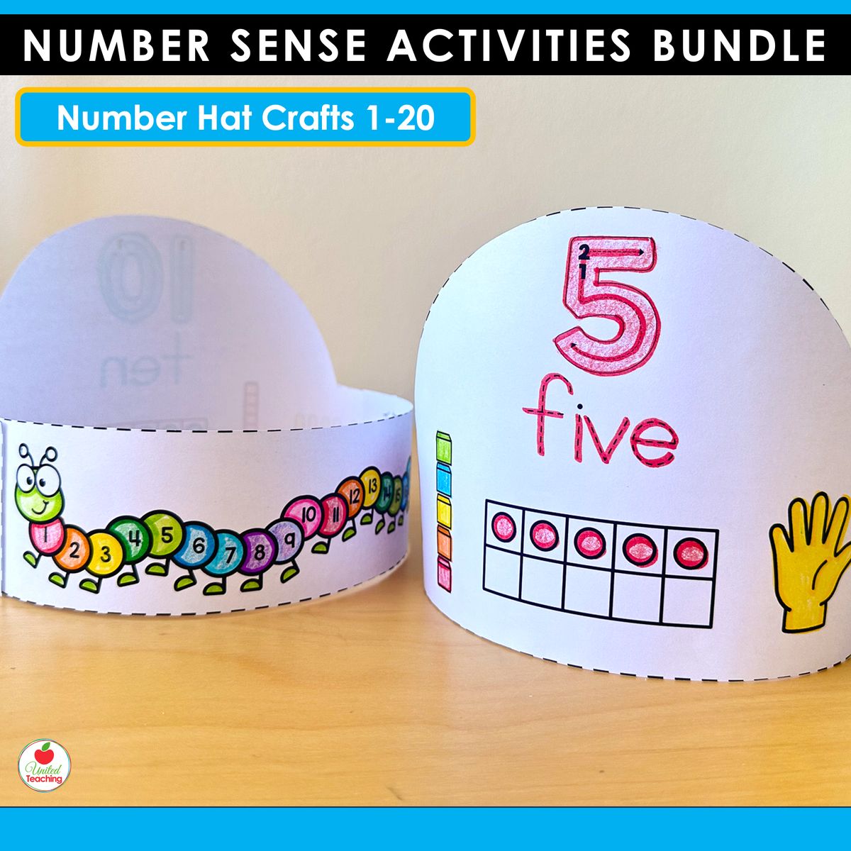Number hat crafts 1-20 for kindergarten showing a completed number 5 hat with the number word five, ten frame, and finger pattern alongside a caterpillar number line crown