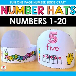 Number Hats 1-20 product cover showing two assembled number sense hats — number 5 with ten frame and finger counting, and a caterpillar number line band for kindergarten