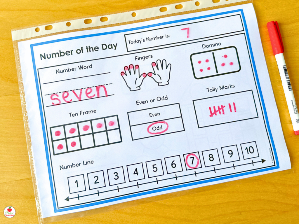 Number of the Day recording mat completed for number 7 showing the number word, finger pattern, domino, even or odd, tally marks, ten frame, and number line