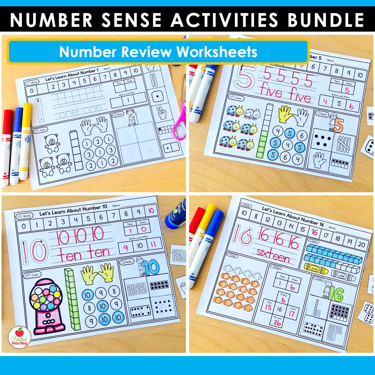 Number review worksheets for kindergarten showing four Let's Learn About Number pages for numbers 1, 5, 10, and 16 with number writing, number word, ten frame, and place value