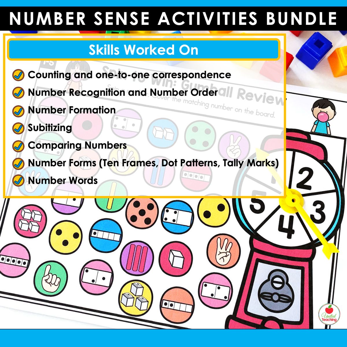 Number Sense Activities Bundle skills list including counting, one-to-one correspondence, number recognition, number order, number formation, subitizing, comparing numbers, number forms, and number words