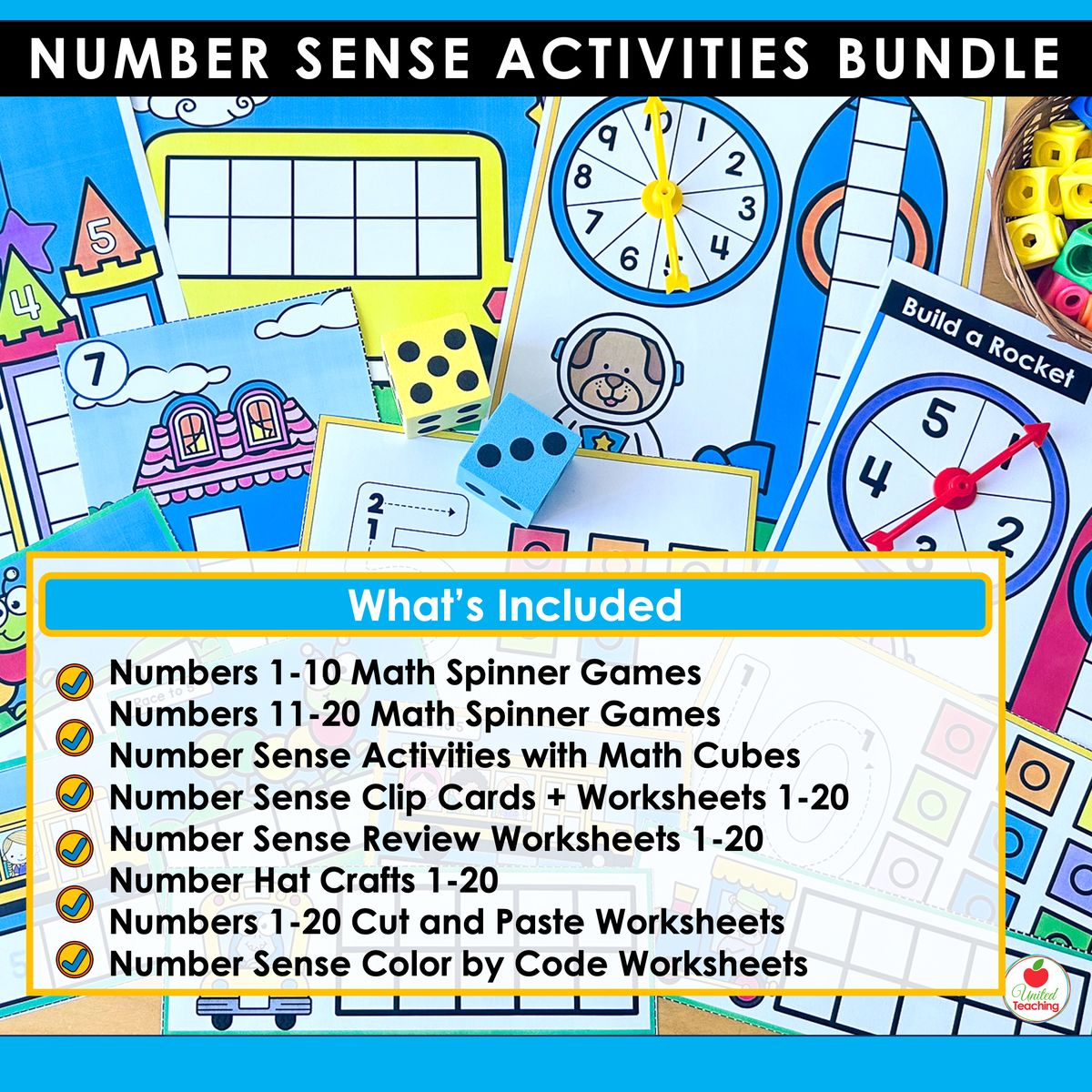 Number Sense Activities Bundle what's included list showing 8 products: spinner games, math cube activities, clip cards, worksheets, number hats, cut and paste, and color by code