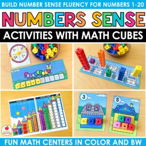 Number sense activities with math cubes product cover showing caterpillar counting mat, ten frame task cards, and number tower mats for kindergarten