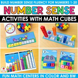 Number Sense Activities with Math Cubes product cover showing hands-on counting mats, train activities, and number tower mats for kindergarten math centers
