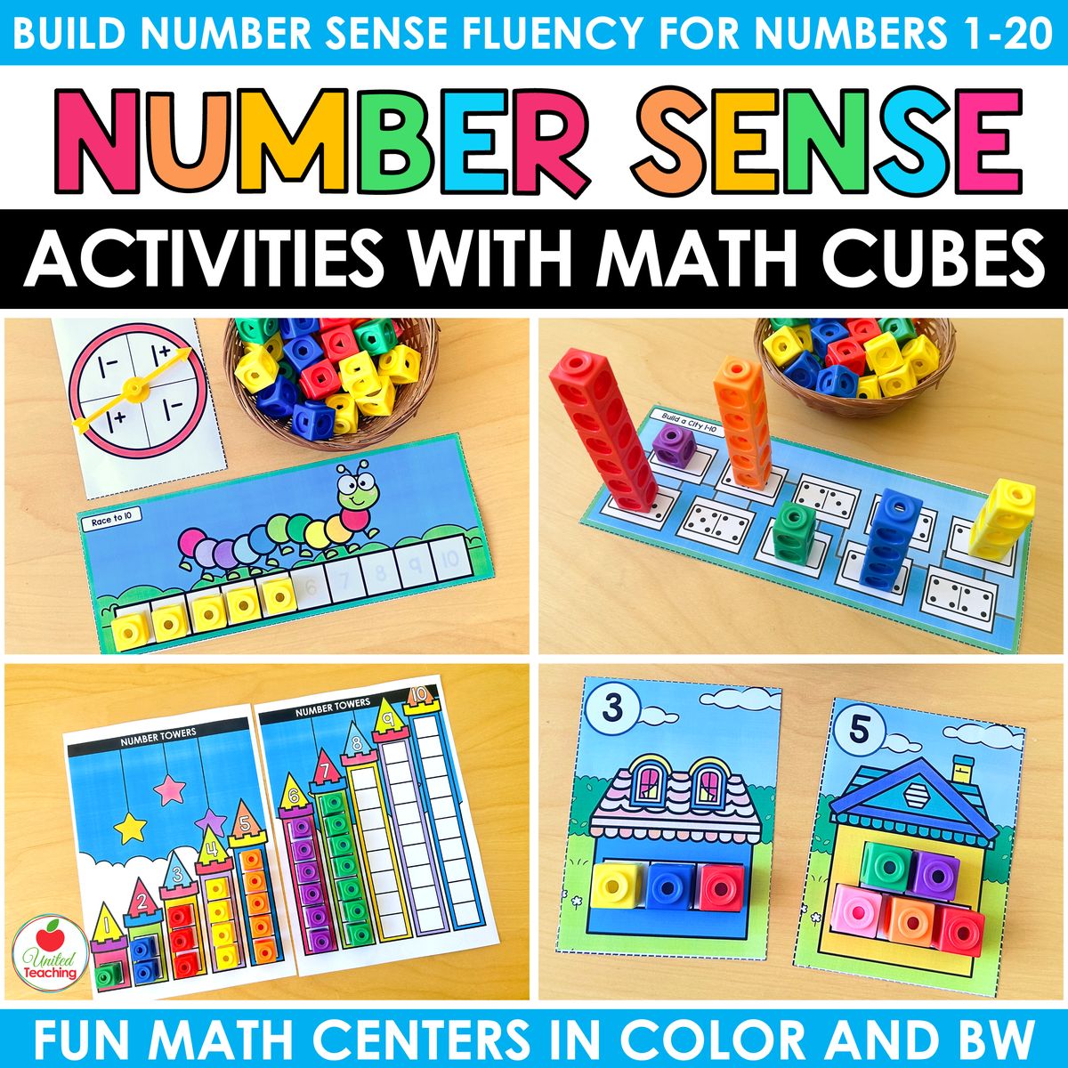 Number Sense Activities with Math Cubes product cover showing hands-on counting mats, train activities, and number tower mats for kindergarten math centers