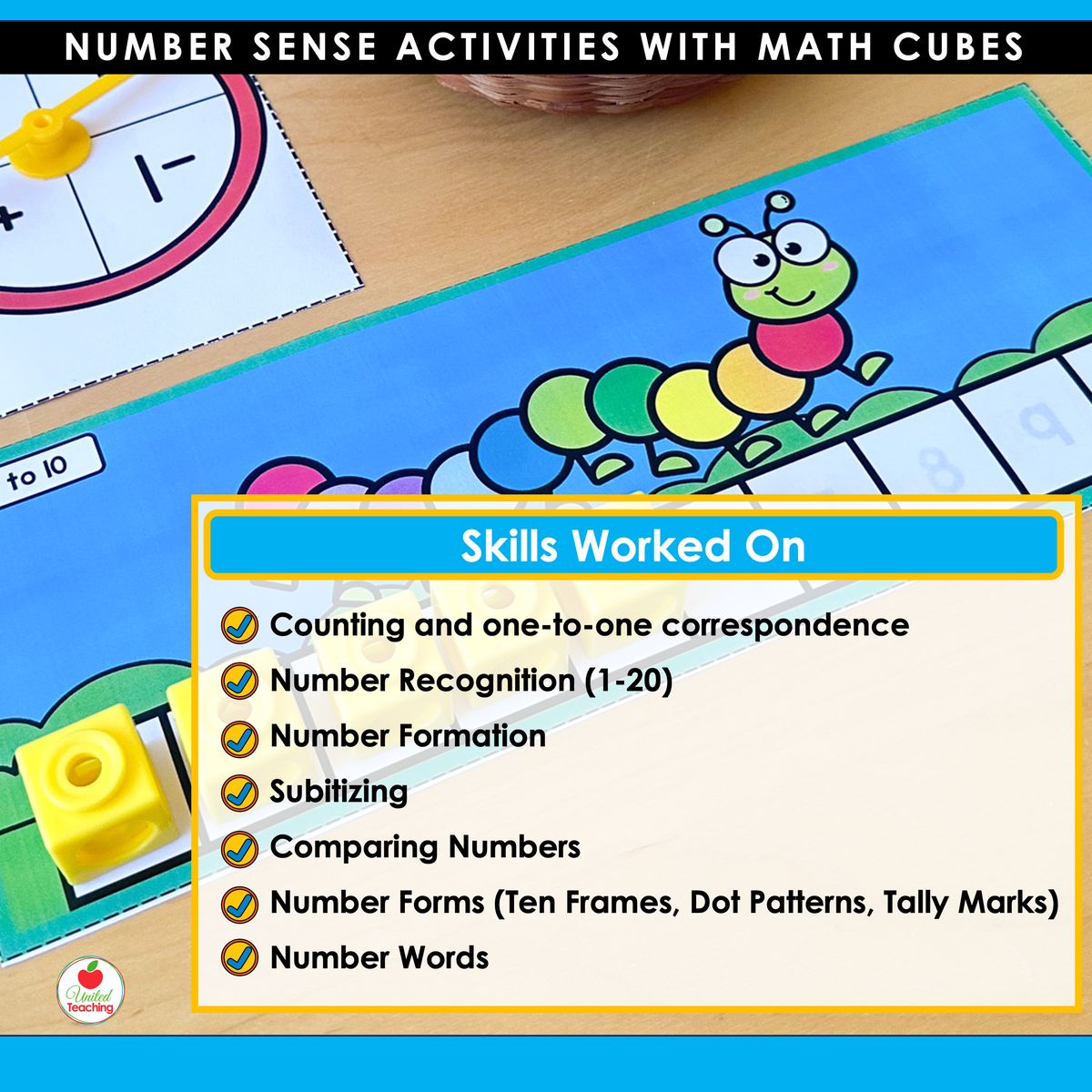 Skills worked on in Number Sense Activities with Math Cubes including counting, number recognition 1-20, number formation, subitizing, comparing numbers, number forms, and number words