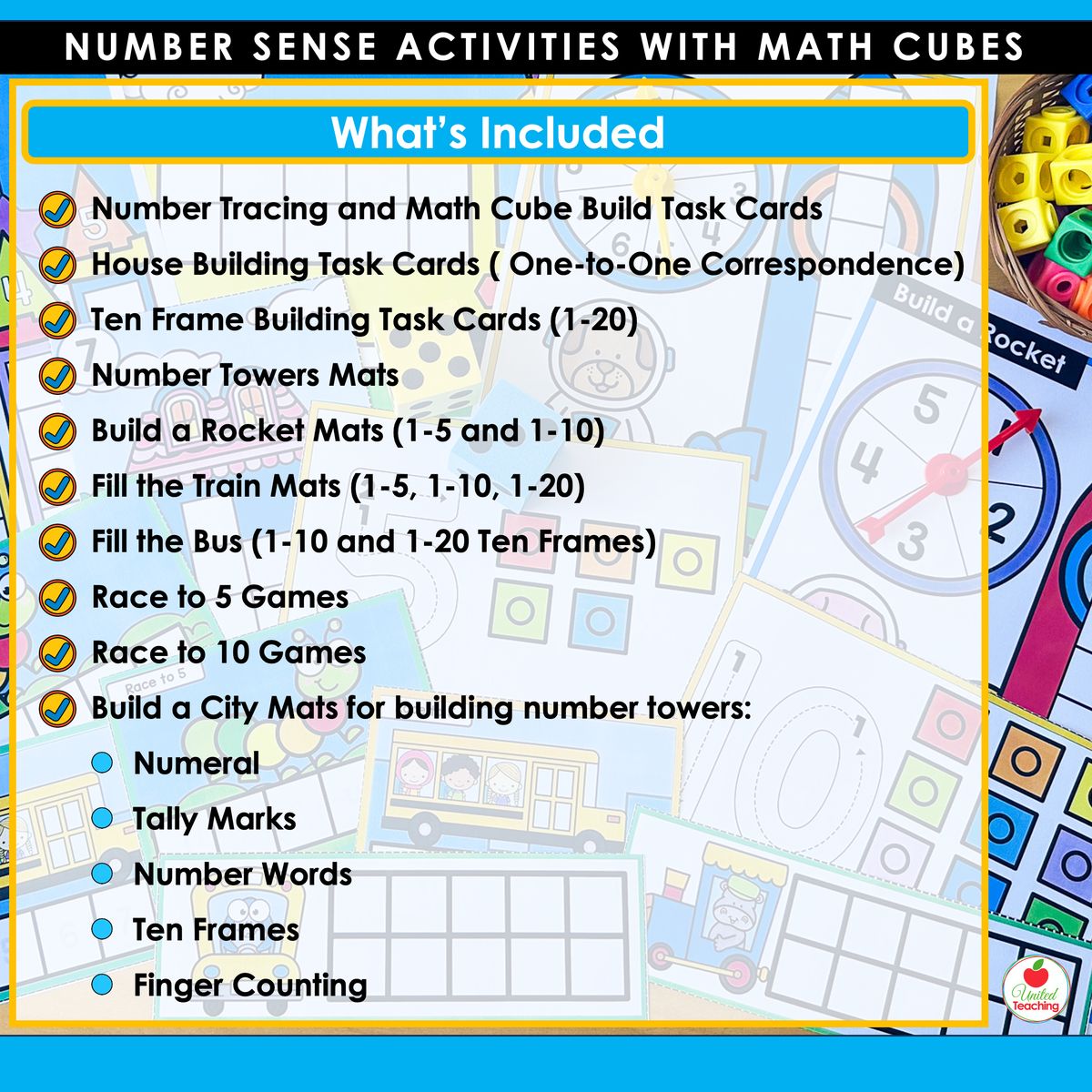 What's Included in Number Sense Activities with Math Cubes showing task cards, number tower mats, train mats, bus mats, rocket mats, race games, and Build a City mats