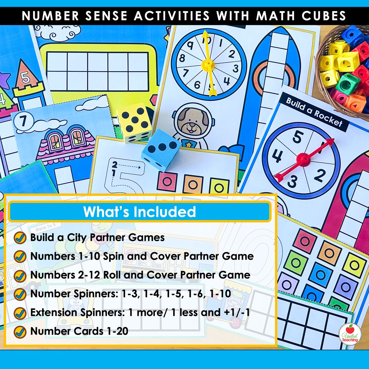 What's Included in Number Sense Activities with Math Cubes showing Build a City partner games, spin and cover, roll and cover, number spinners, extension spinners, and number cards 1-20