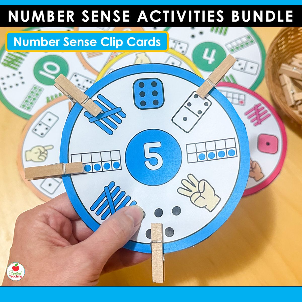 Number sense clip cards for kindergarten showing a circular card for number 5 with multiple representations including tally marks, domino, ten frame, finger pattern, and dots