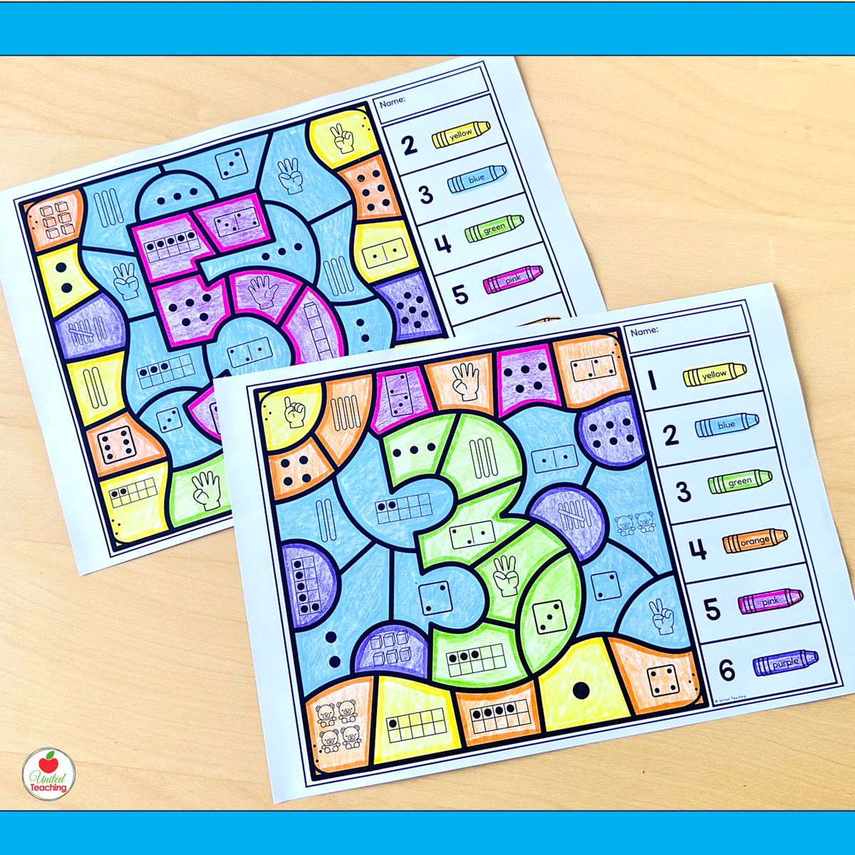 Two completed Number Sense Color by Code worksheets for kindergarten showing numbers 3 and 5 with color-coded number representations