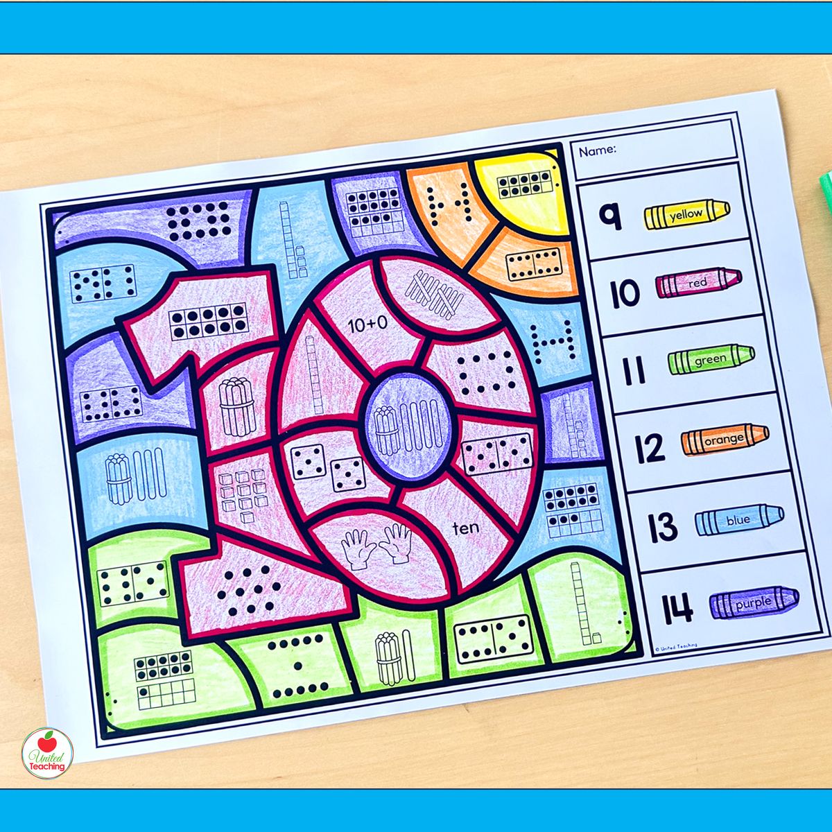Number Sense Color by Code worksheet for number 10 showing completed coloring with ten frames, dot patterns, tally marks, and 10+0 notation