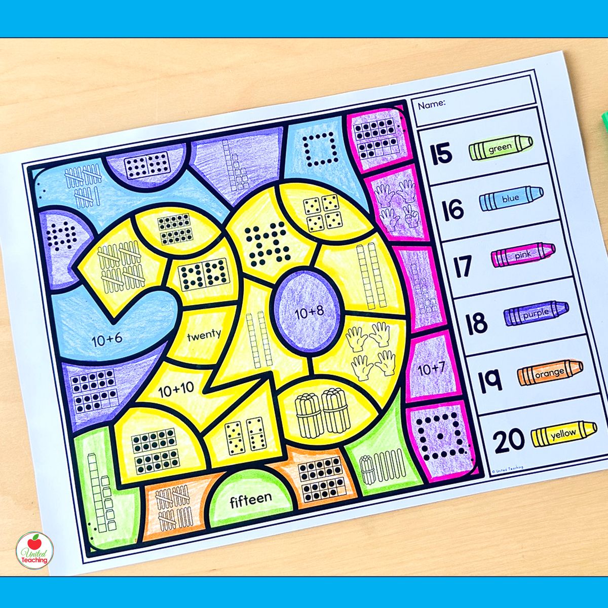 Number Sense Color by Code worksheet for number 20 showing teen number representations including 10+6, 10+8, 10+10, and base ten blocks