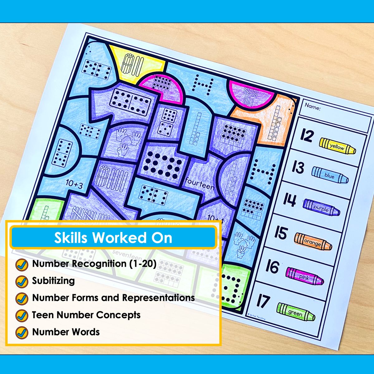 Skills worked on in Number Sense Color by Code including number recognition 1-20, subitizing, number forms and representations, teen number concepts, and number words