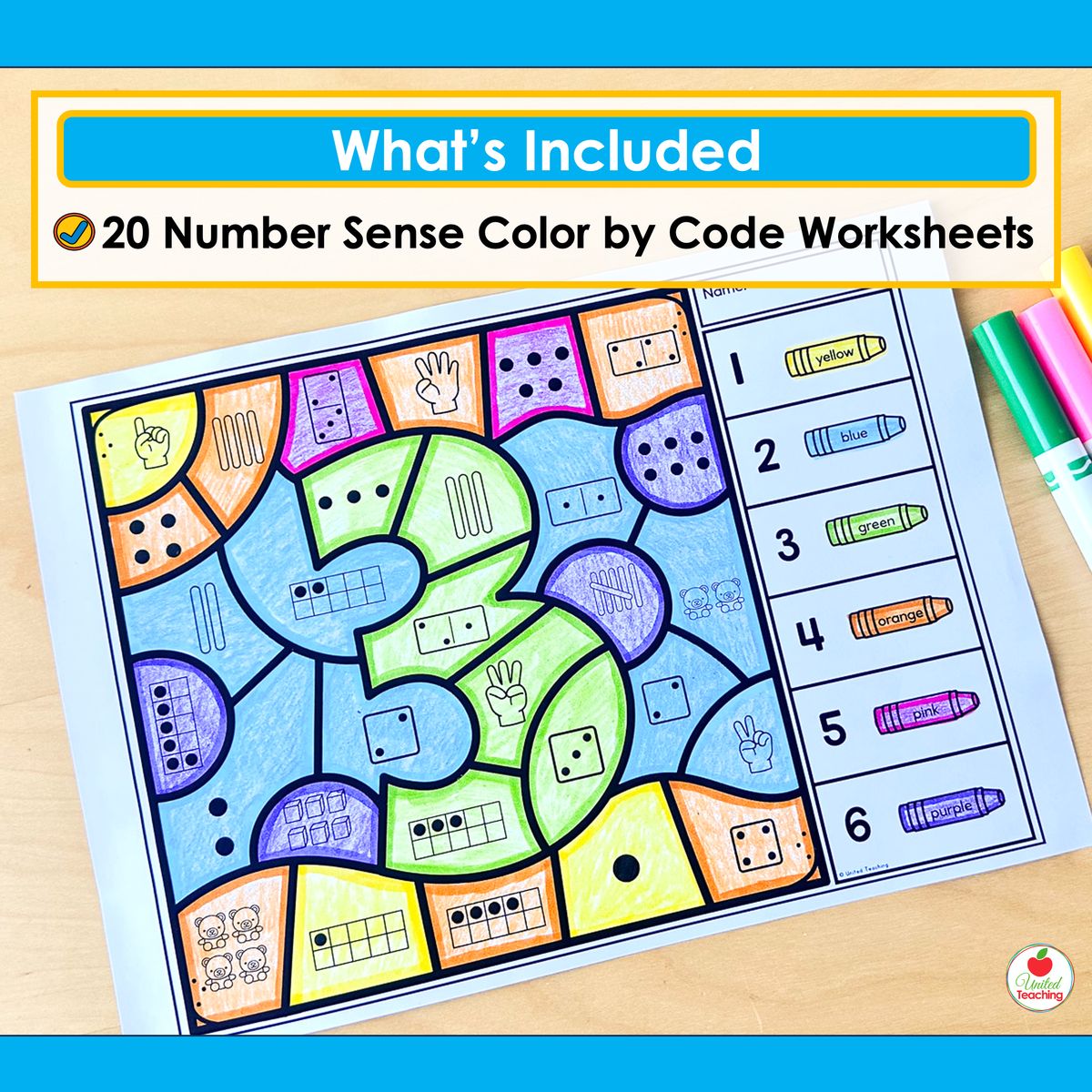 What's Included in Number Sense Color by Code — 20 number sense color by code worksheets for kindergarten showing a completed number 3 activity