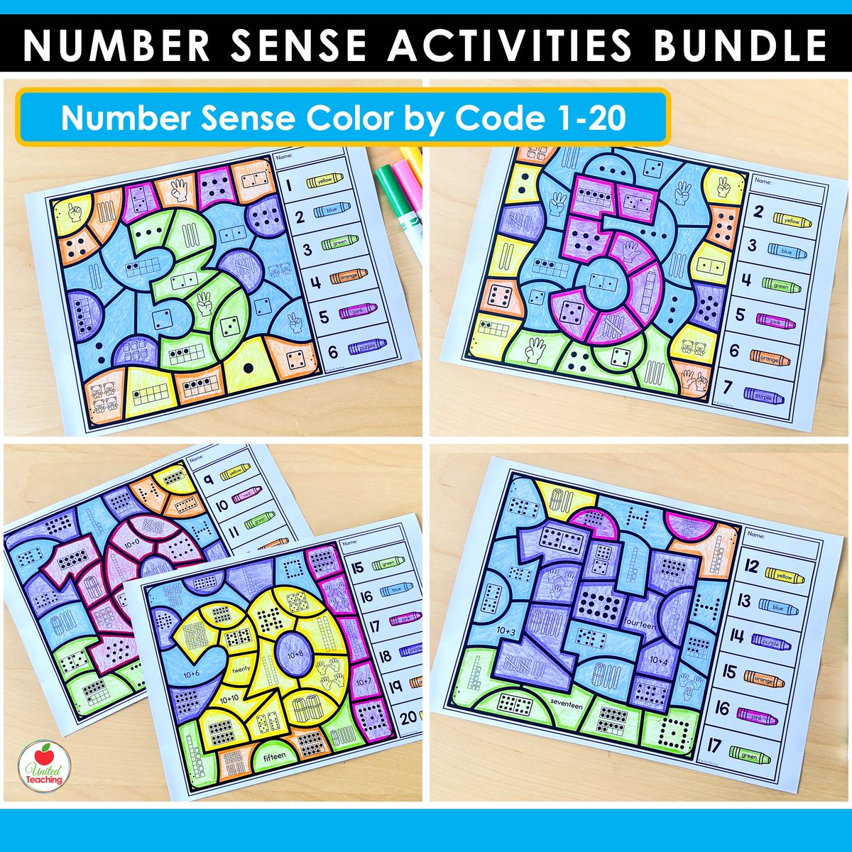 Number sense color by code worksheets 1-20 for kindergarten showing four completed sheets with numbers colored by representations including dice, ten frames, and dot patterns