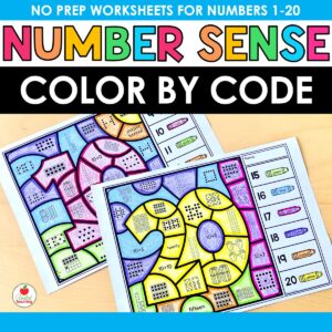 Number Sense Color by Code no prep worksheets for numbers 1-20 for kindergarten showing two completed color by code activities