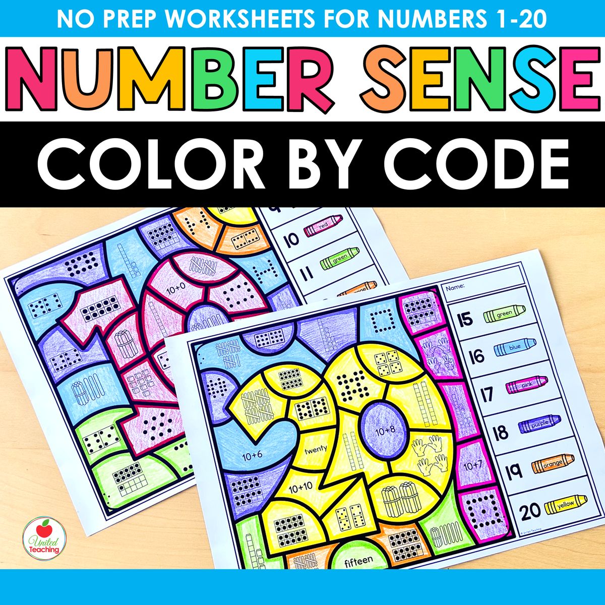 Number Sense Color by Code no prep worksheets for numbers 1-20 for kindergarten showing two completed color by code activities