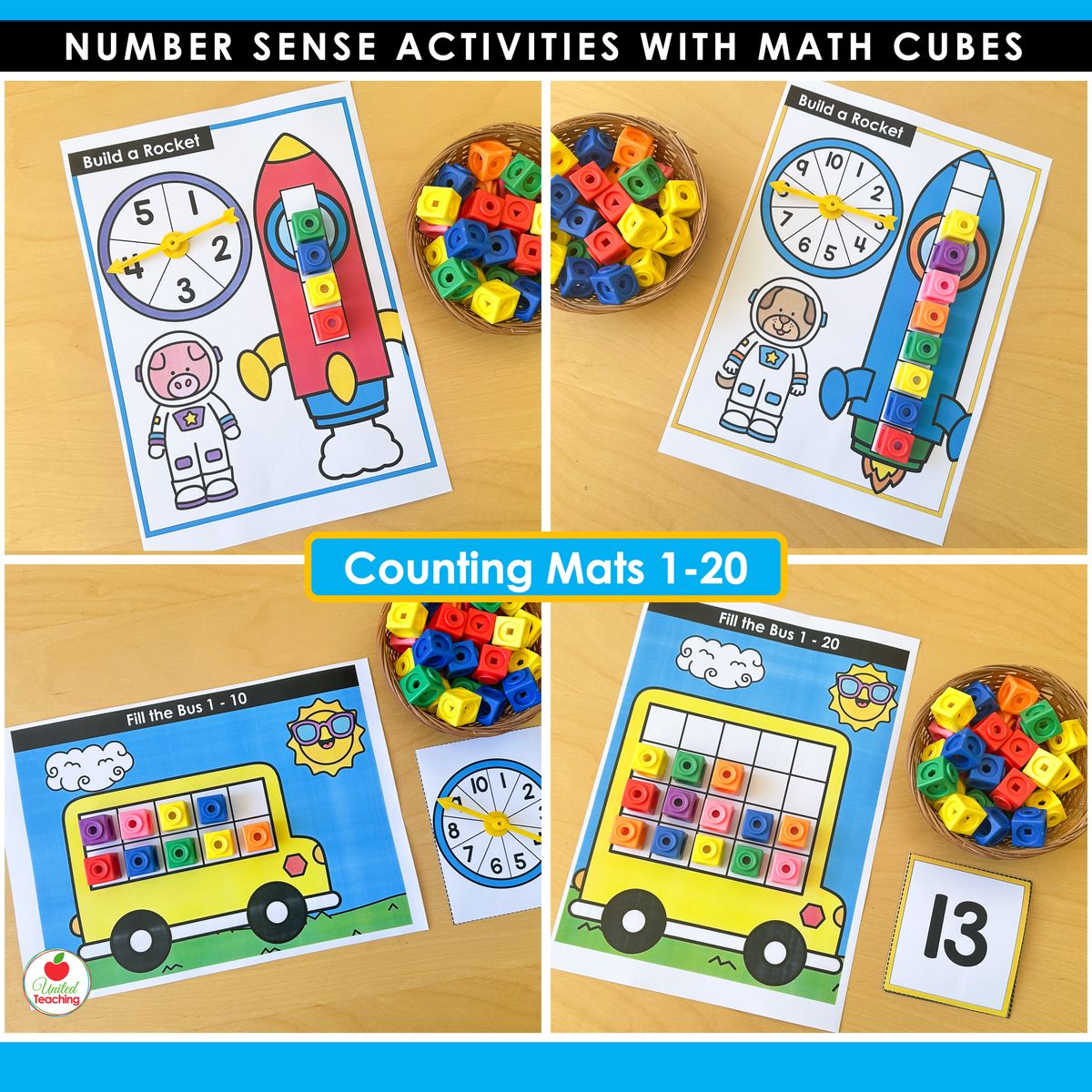 Counting mats 1-20 showing Build a Rocket mats and Fill the Bus ten frame mats with math cubes and number cards for kindergarten