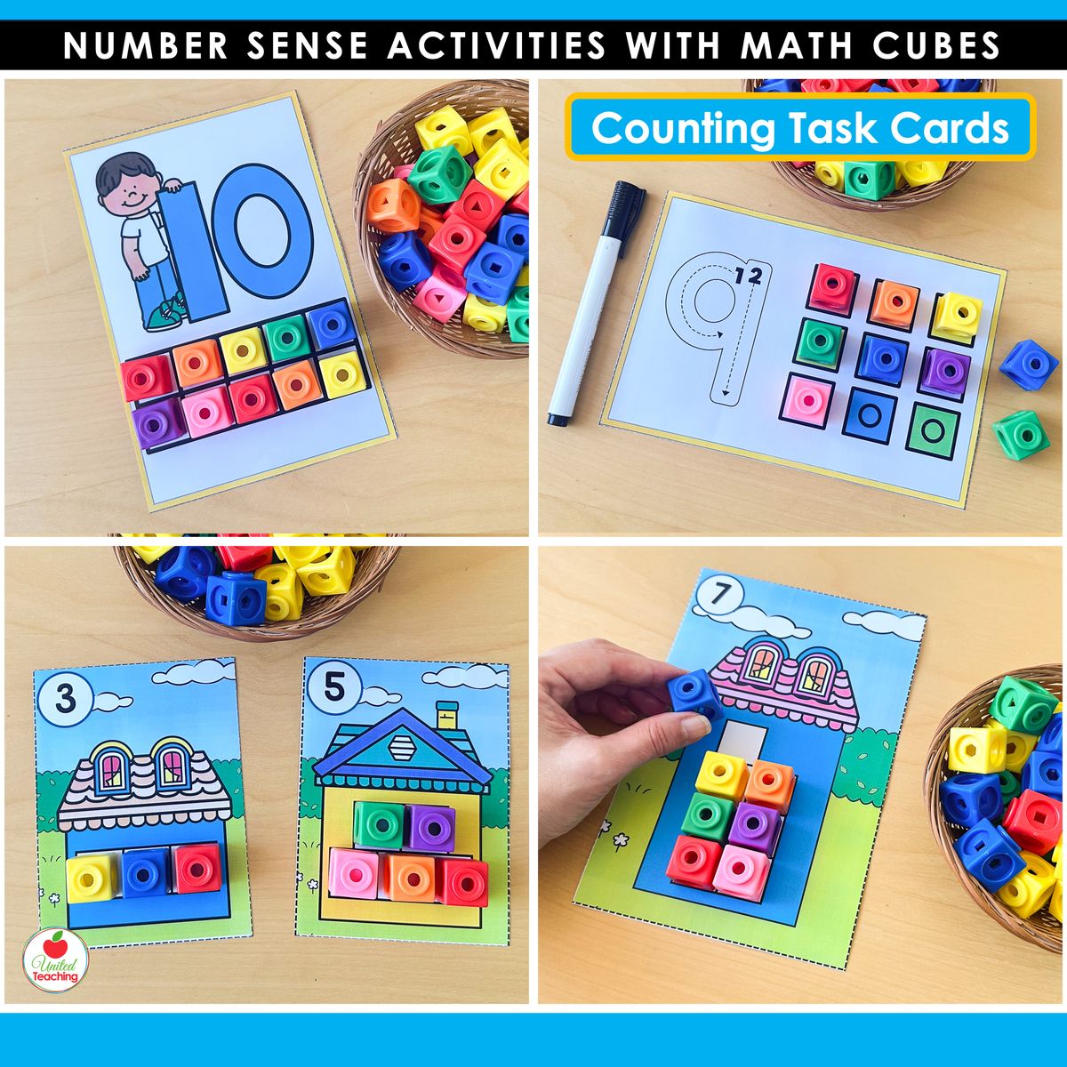 Number Sense counting task cards and house building one-to-one correspondence cards with math cubes for kindergarten