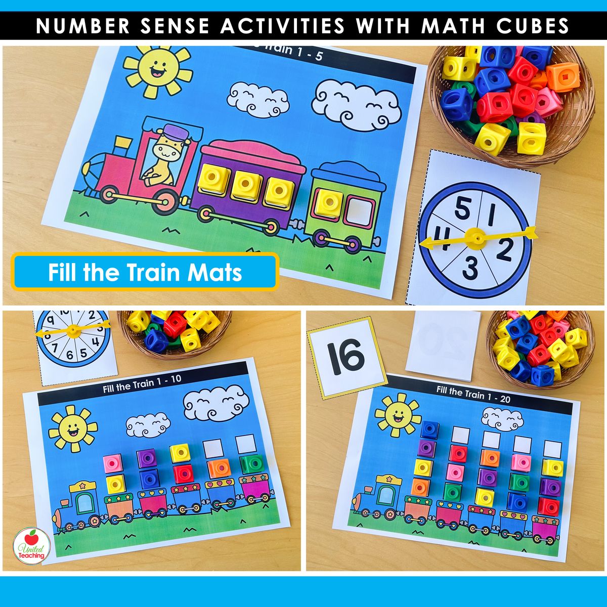 Fill the Train counting mats for numbers 1-5, 1-10, and 1-20 using math cubes for kindergarten number sense practice