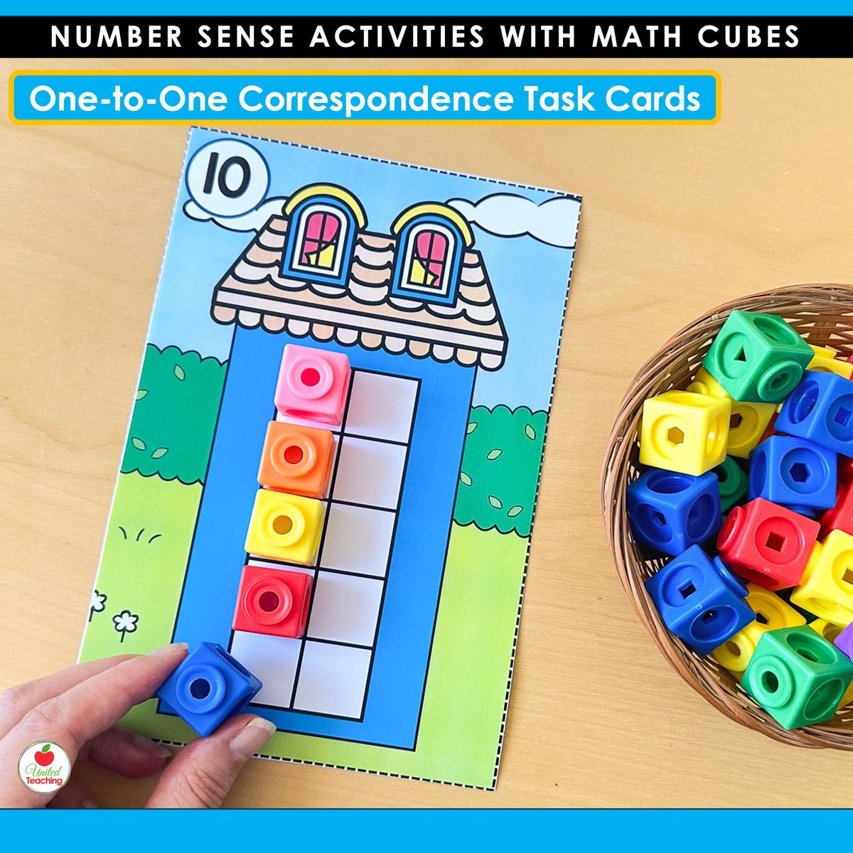 One-to-one correspondence task card showing number 10 house building activity with math cubes for kindergarten number sense