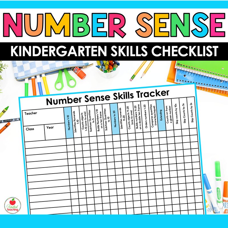 Number Sense Skills Tracker printable showing a class grid for tracking kindergarten students across number sense skills from 1-10 through extending
