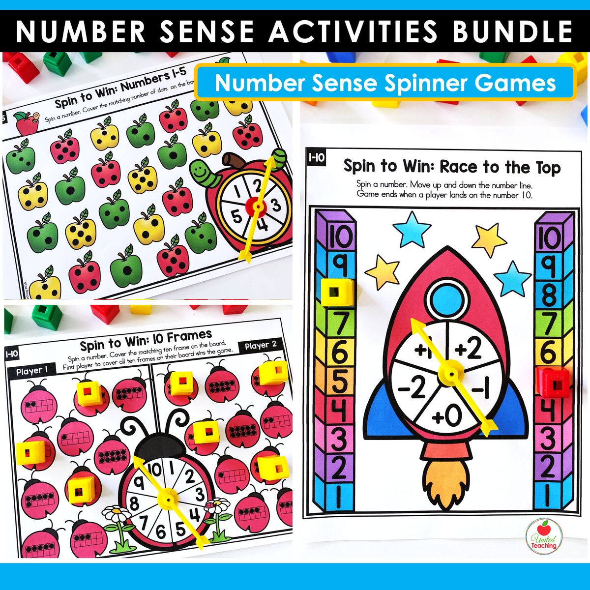 Number sense spinner games showing Spin to Win Numbers 1-5 with apple theme, Spin to Win 10 Frames with ladybug theme, and Spin to Win Race to the Top rocket game