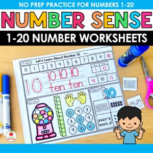 Number Sense Worksheets 1-20 product cover showing a completed number 10 worksheet with tracing, ten frames, and cut-and-paste pieces alongside scissors and a glue stick