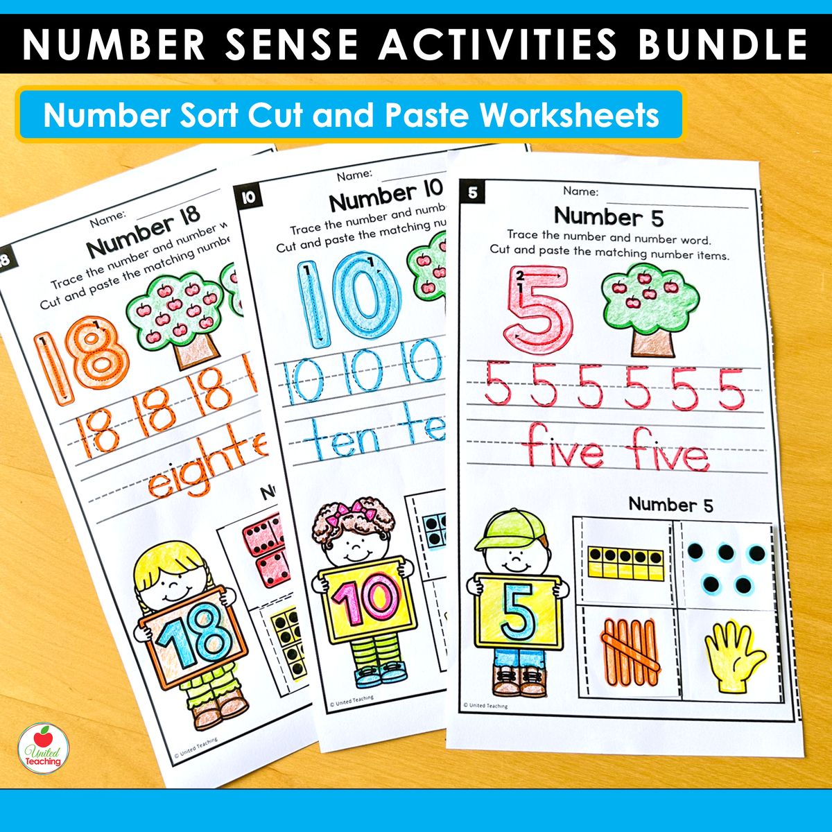 Number sort cut and paste worksheets showing completed pages for numbers 5, 10, and 18 with number writing, number word tracing, and cut and paste number representations