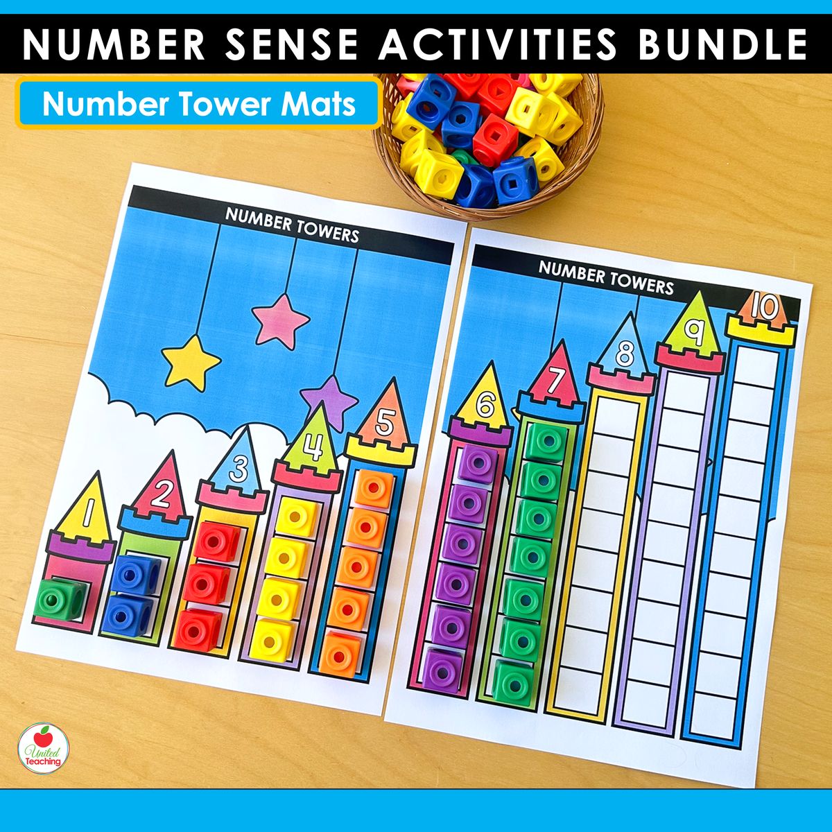 Number Tower mats showing math cube towers increasing in height from 1 to 10 on colorful castle-themed activity mats