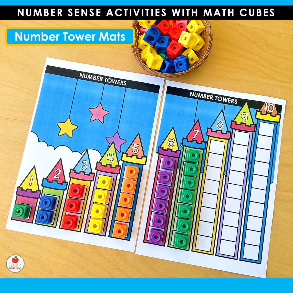 Number Tower mats showing two mats covering numbers 1-5 and 6-10 with math cube towers for kindergarten counting practice