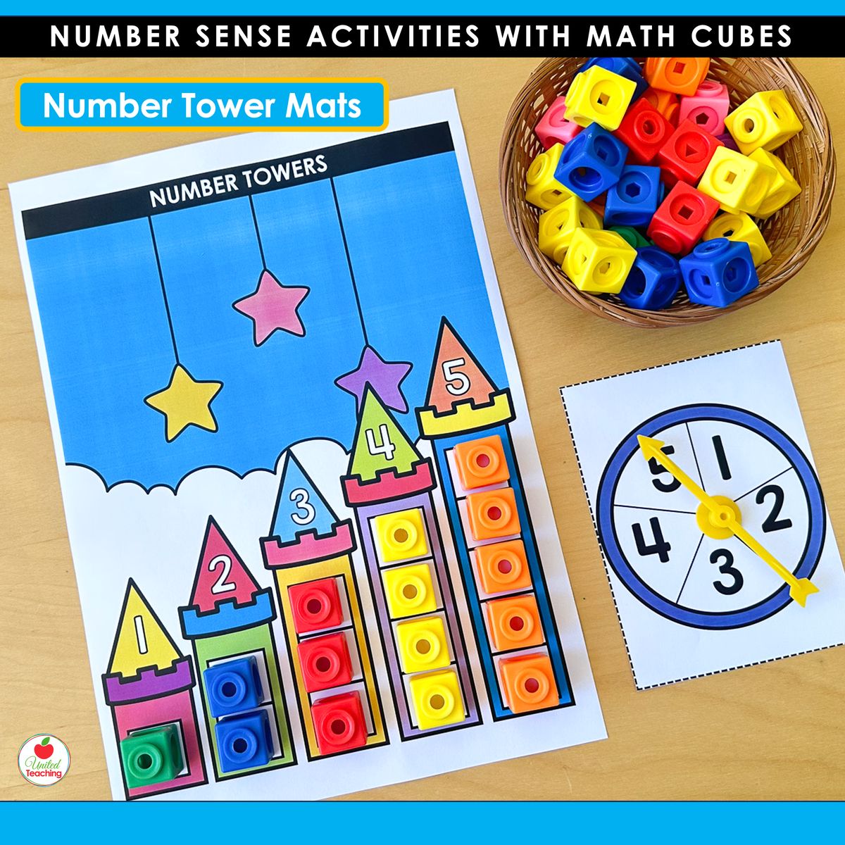 Number Tower castle mats for numbers 1-5 with colorful math cube towers and a number spinner for kindergarten math centers